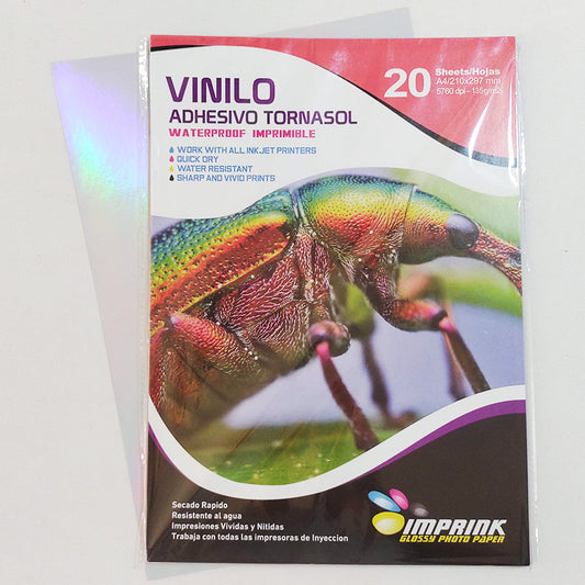 Vinilo adhesivo tornasol imprimible, A4 - 20Hojas