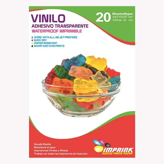 Vinilo adhesivo transparente (no cristalino) imprimible waterproof, A4 - 20Hojas
